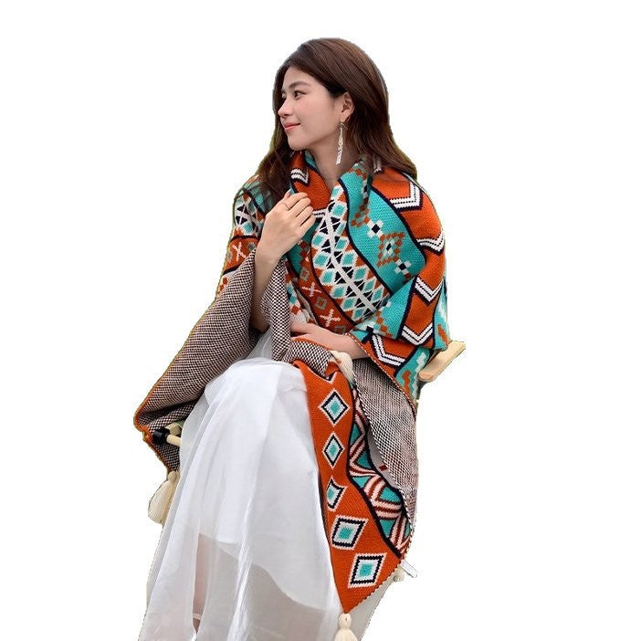 Ethnic-style Knitted Tassel Shawl