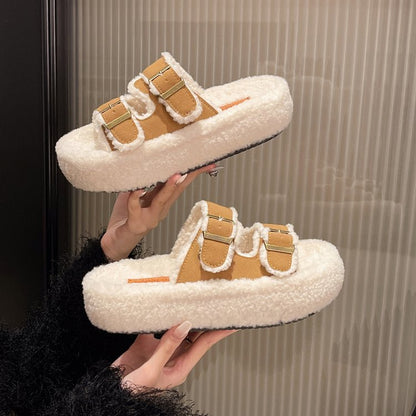 New Plus Size Platform Furry Slippers For Export, Single Strap With Buckle, Fleece Lined Thick Plush Warm Slides For Indoor & Outdoor Use