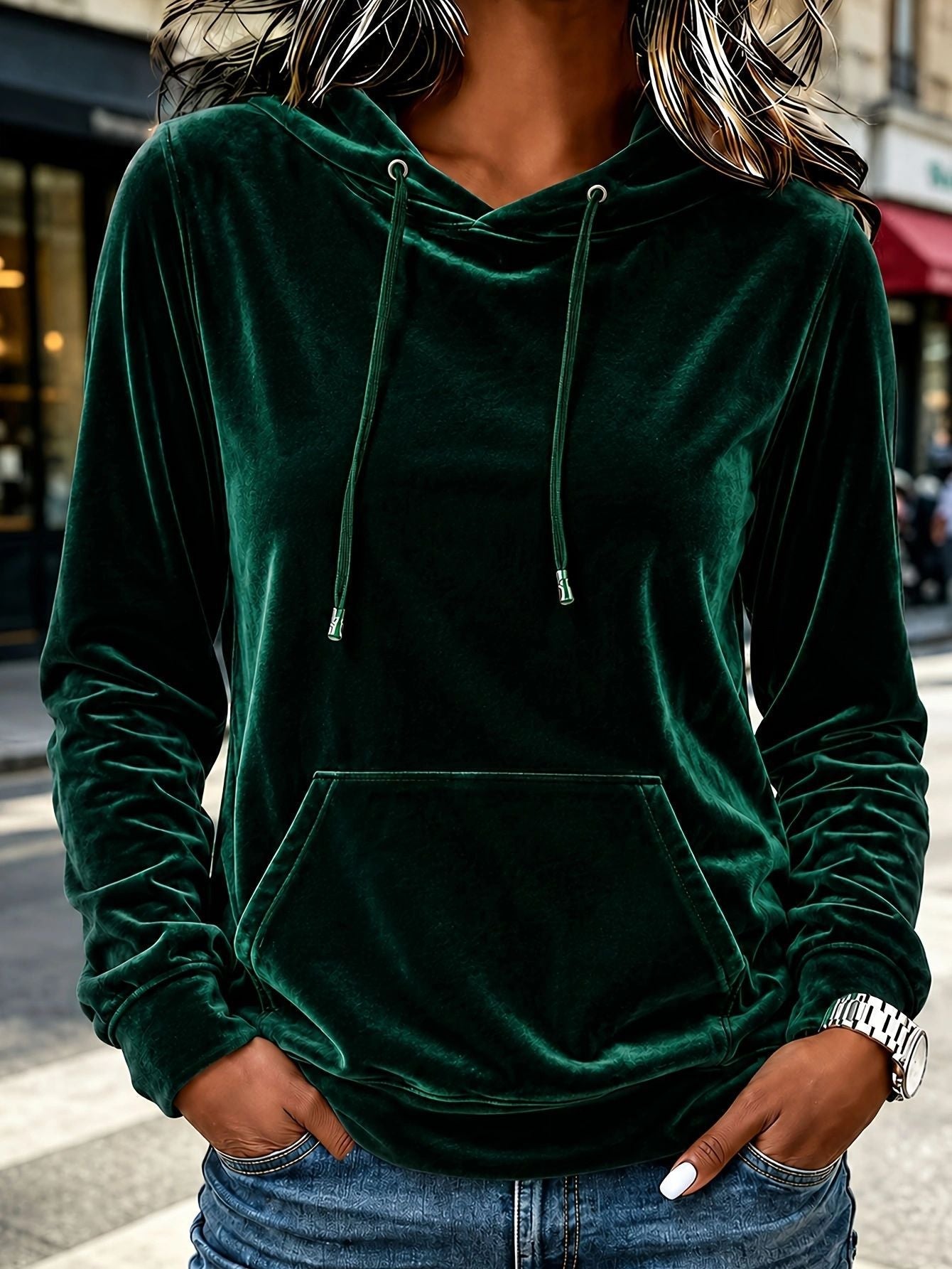 Anno Self-Designed 2026 Euro-American Women's Casual Fashion Velvet Hooded Sweatshirt Top With Drawstring