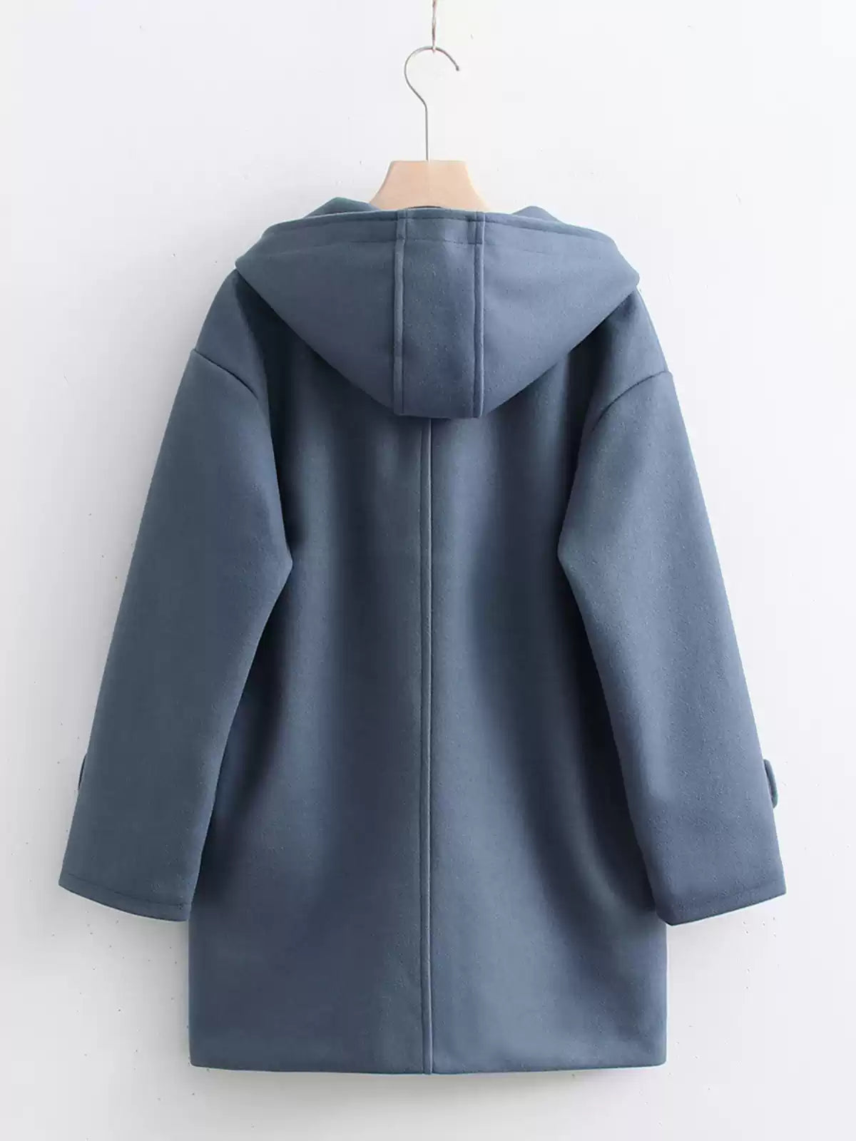 Solid-color Horn-button Womens Hooded Cardigan Wool Coat