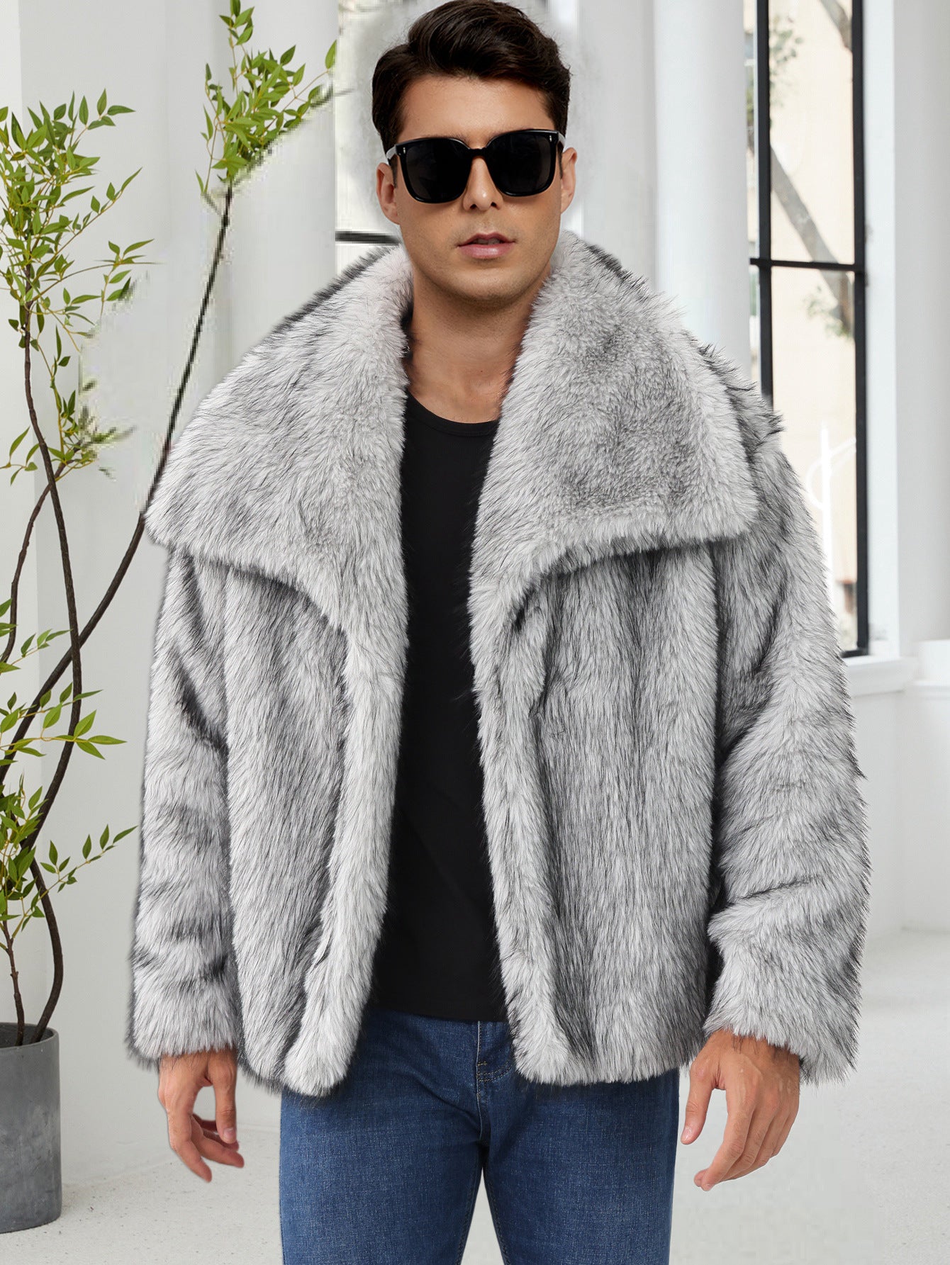 Mens Short Lapel-style Faux Fur Jacket Warm Outerwear