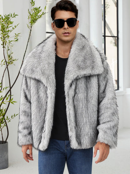 Mens Short Lapel-style Faux Fur Jacket Warm Outerwear