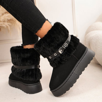 Women's Furry Strap Buckle Retro Warm Snow Boots, New 2025 Winter Platform Fleece Lined Thick Non-Slip Cotton Shoes