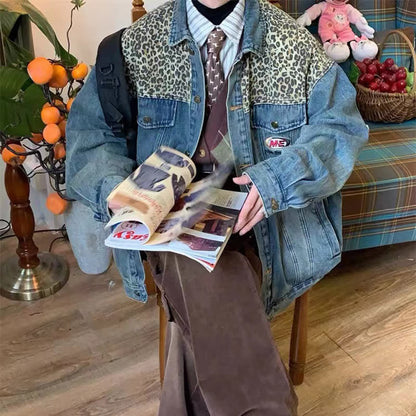Mens Leopard-print Patchwork Denim Shirt Jacket