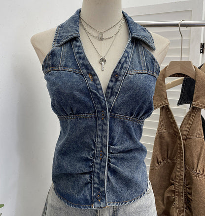Neck-hanging V-neck Denim Vest Sleeveless Top For Women