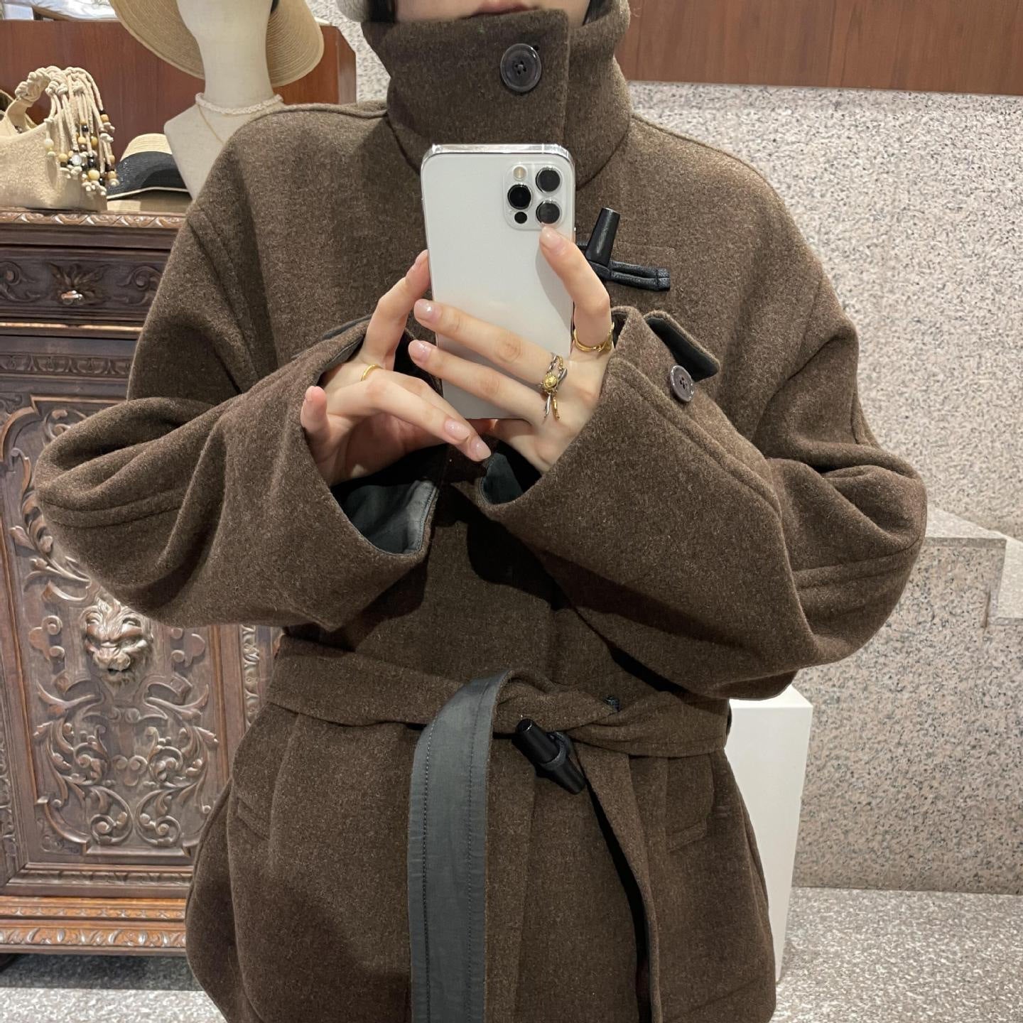 Women's High-neck Coat With Horn-button Closure
