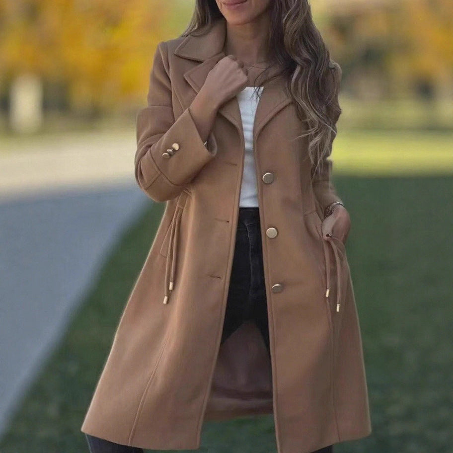 Womens Fashion Solid-color Mid-length Wool Coat With Drawstring And Pockets