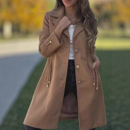 Womens Fashion Solid-color Mid-length Wool Coat With Drawstring And Pockets