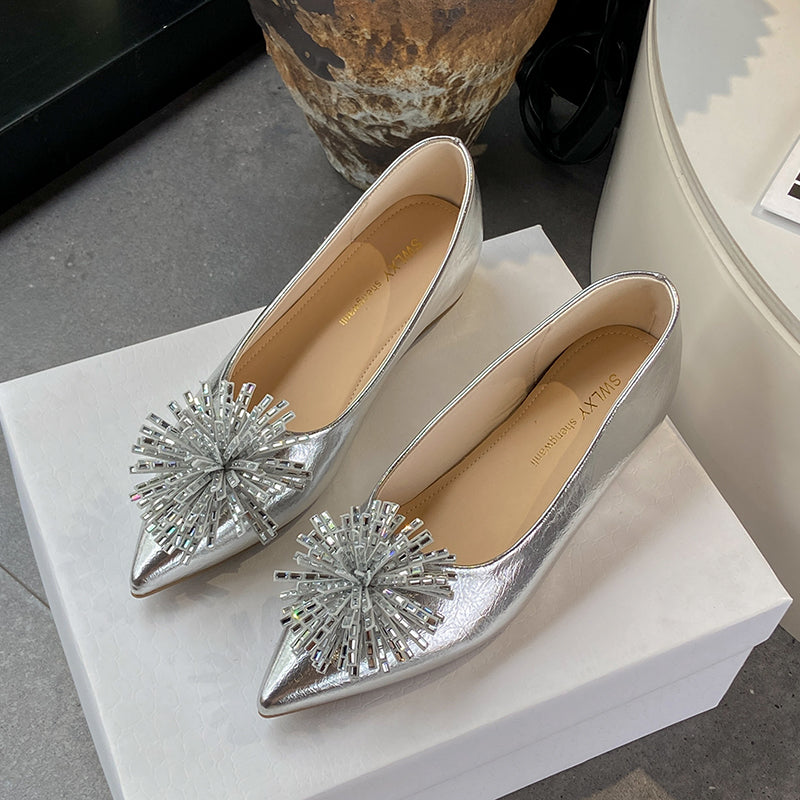 Women's 6cm Invisible Height Increase Mary Jane Flats, French Elegant Pointed Toe Low Cut Slip On Shoes, Rhinestone Floral Decor Dress Shoes For Matching Dresses