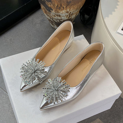 Women's 6cm Invisible Height Increase Mary Jane Flats, French Elegant Pointed Toe Low Cut Slip On Shoes, Rhinestone Floral Decor Dress Shoes For Matching Dresses