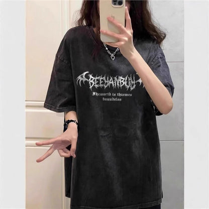 Cotton American-style Vintage Washed-and-faded Black Short-sleeve Shirt