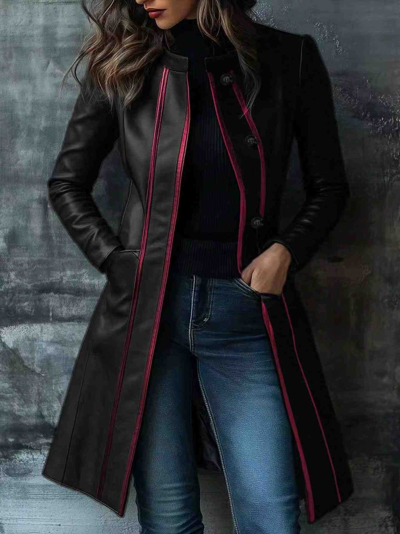 Retro Black Color-block Collar Leather Jacket Trench Coat