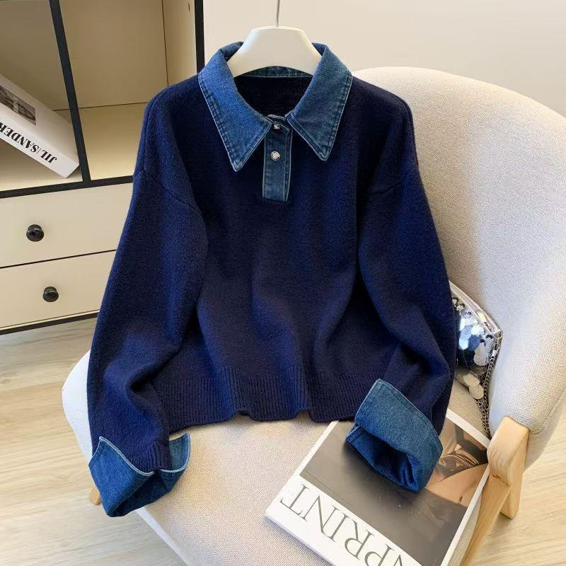 Fake Two-piece Denim Patchwork Polo-neck Contrast-color Sweater
