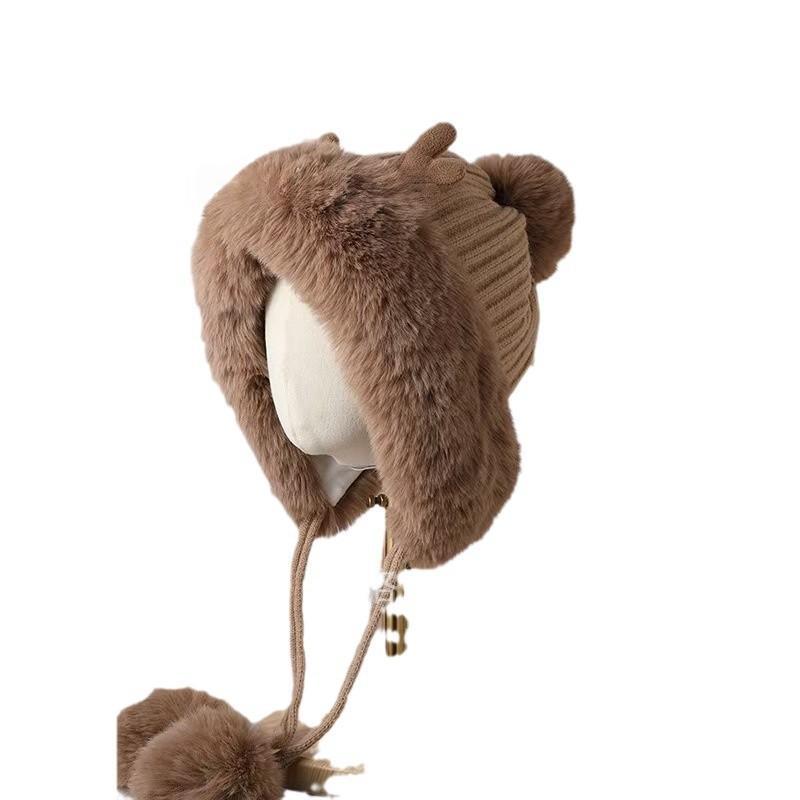 Womens Plush Antler Pom-Pom Christmas Hat