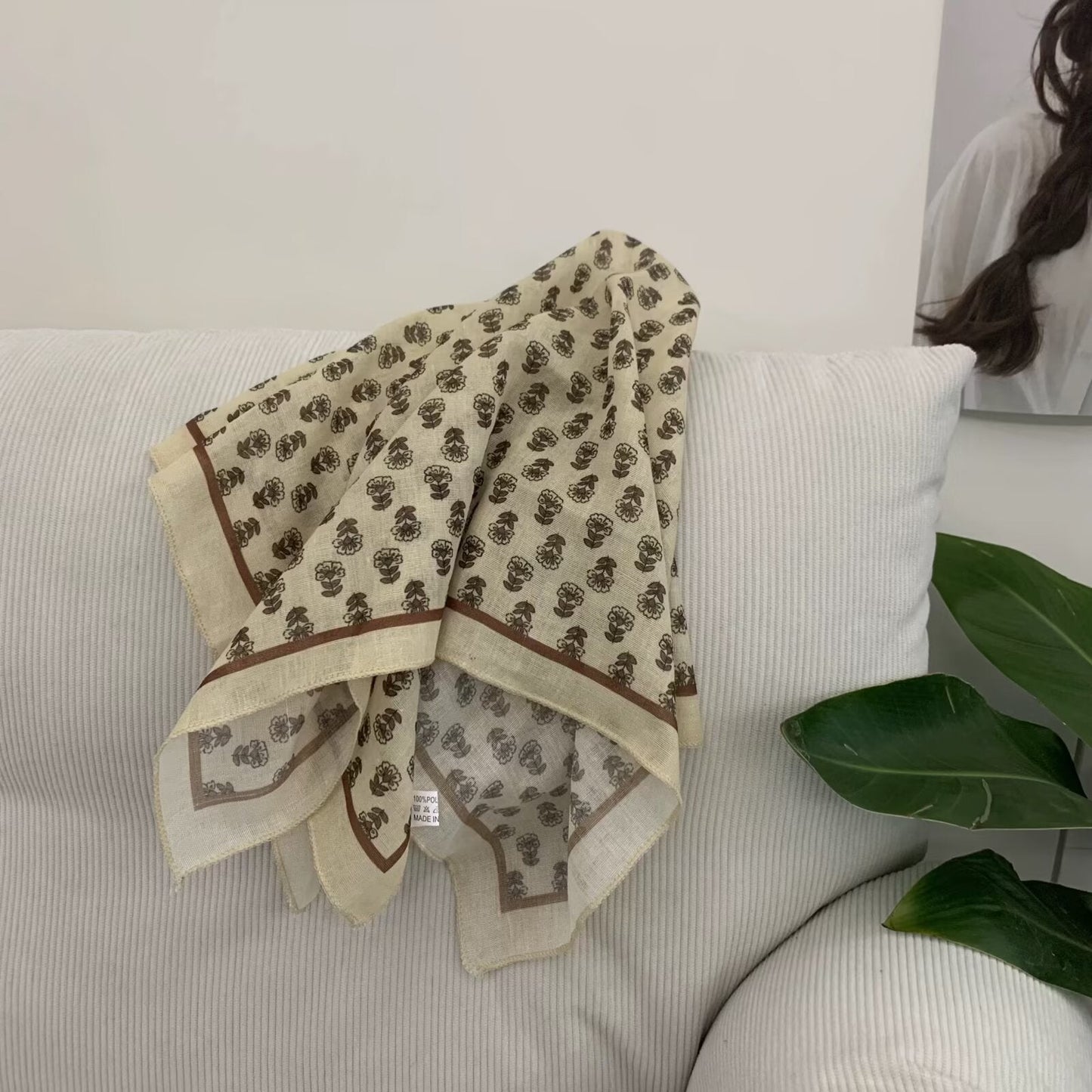 Korean-style Cashew Flower Cotton-Linen Square Scarf For Women