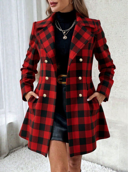 Plus-size Contrast-color Plaid Fleece-lined Loose-fit Coat For Women