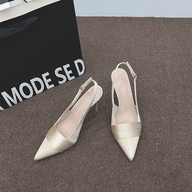 Women Elegant Lustrous Satin Slingback Stiletto Pumps, Pointed Toe Single Wide Thin Rear Strap Metal Buckle High Heel Prom Evening Banquet Dress Sandals