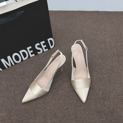 Women Elegant Lustrous Satin Slingback Stiletto Pumps, Pointed Toe Single Wide Thin Rear Strap Metal Buckle High Heel Prom Evening Banquet Dress Sandals