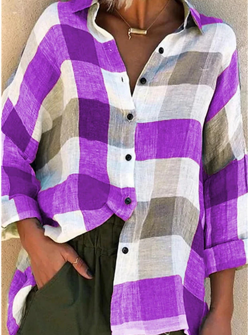 2025 New European And American Cross-Border Amazon Lapel Casual Commuting Long-Sleeved Plaid Printed Shirt
