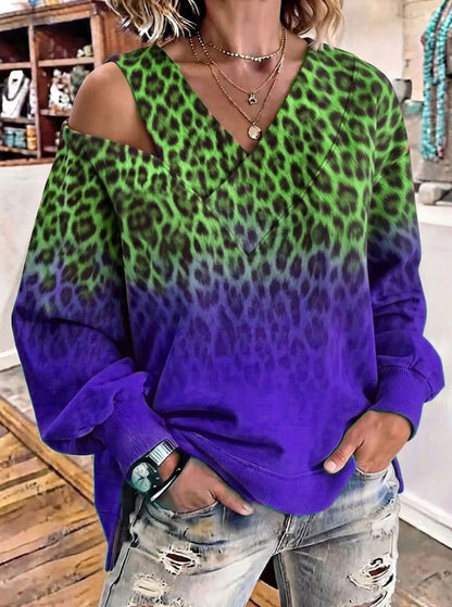 Leopard-Print Gradient Off-Shoulder V-Neck Womens Loose-Fit Long-Sleeve Top