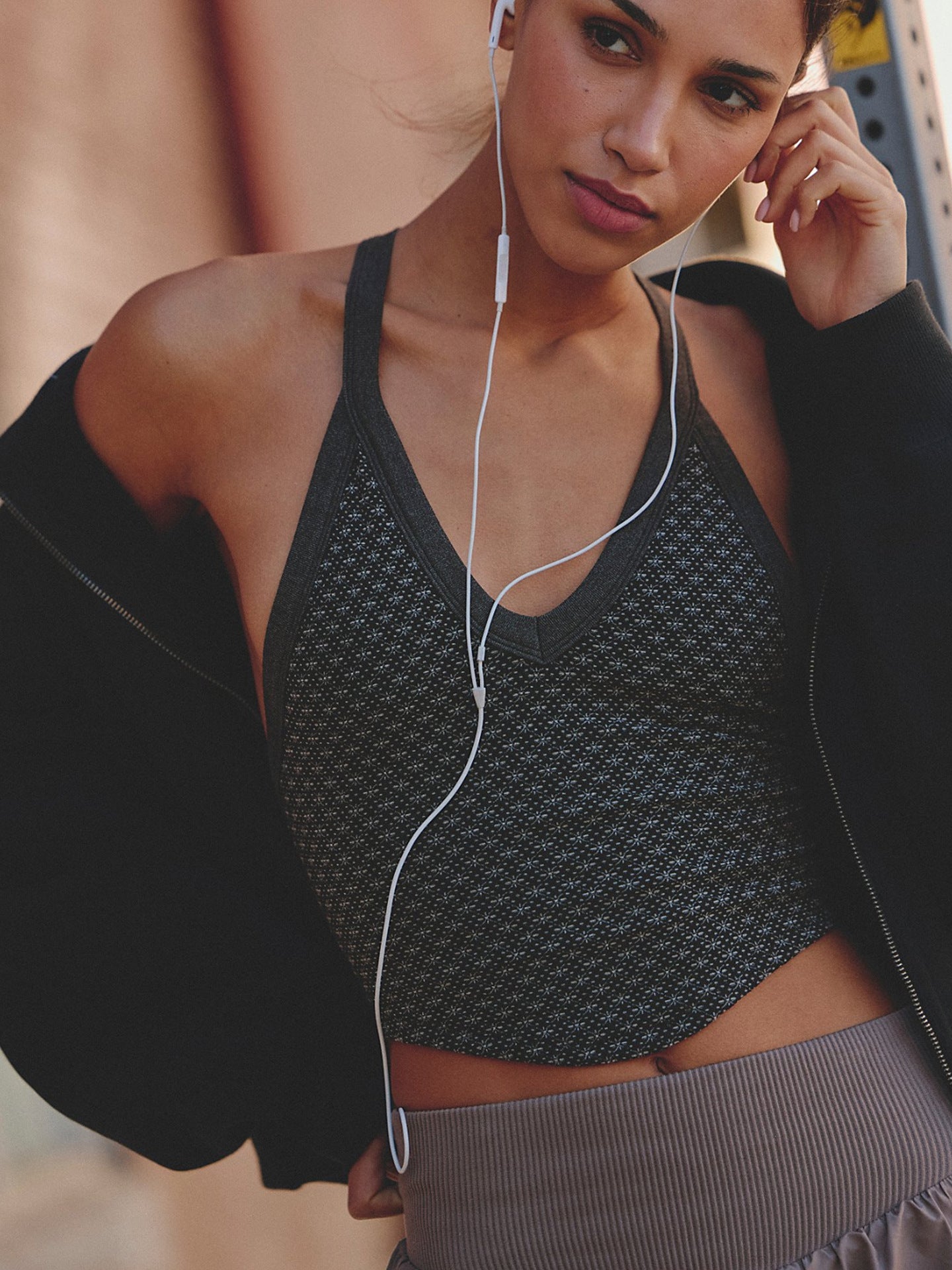 Jacquard Yoga Tank Top, Racerback Sports Bra With Padded Cups, Side Breast Support, V-Neck Sports Brassiere