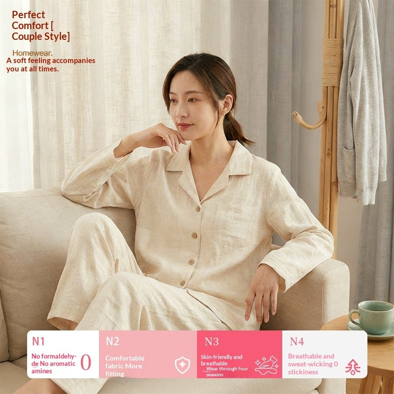 Simple Solid-color Cotton-linen Pajama Set For Couples Spring And Autumn Collection
