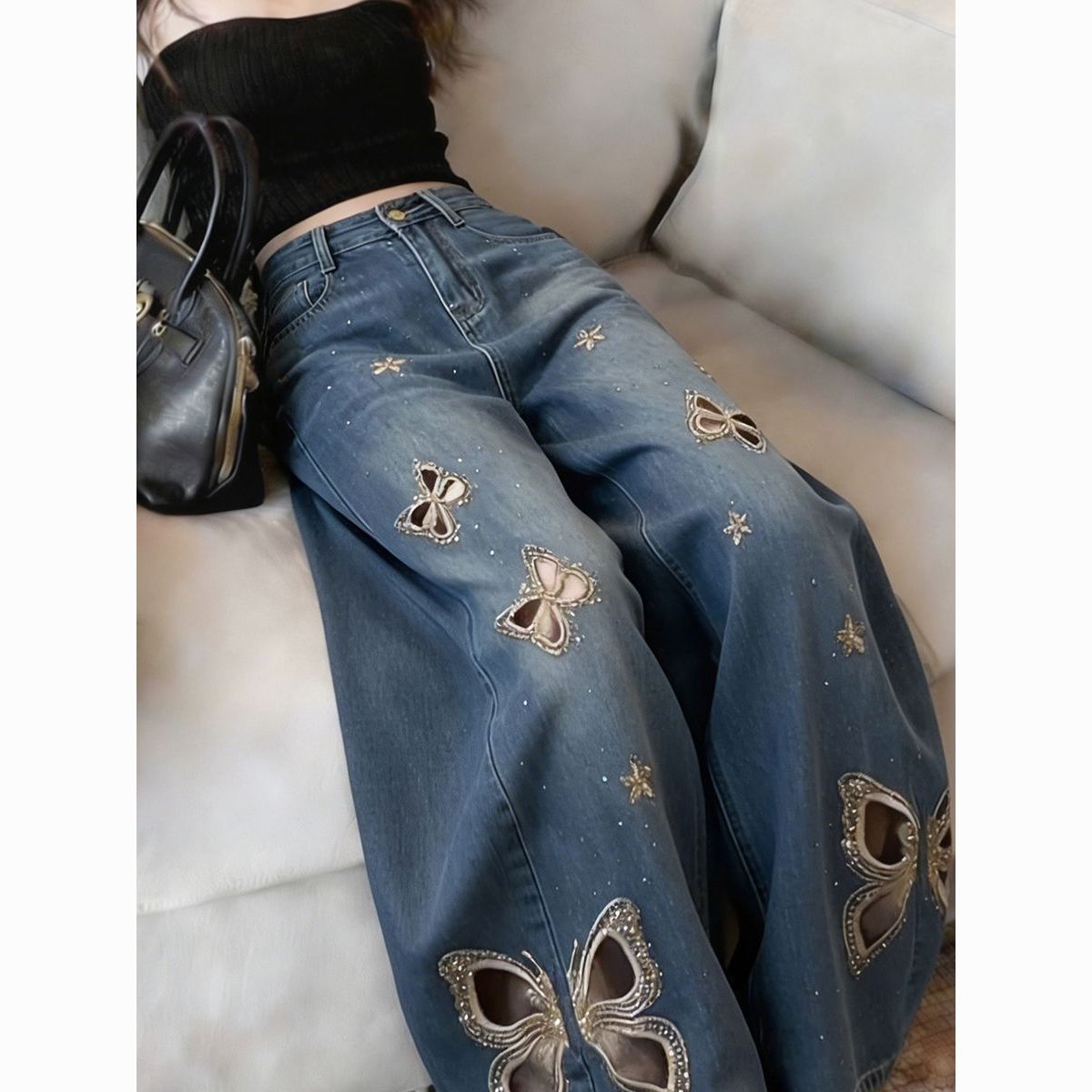 Butterfly Rhinestone Trimmed Narrow Legged High Waisted Slimming Versatile Straight Leg Pants