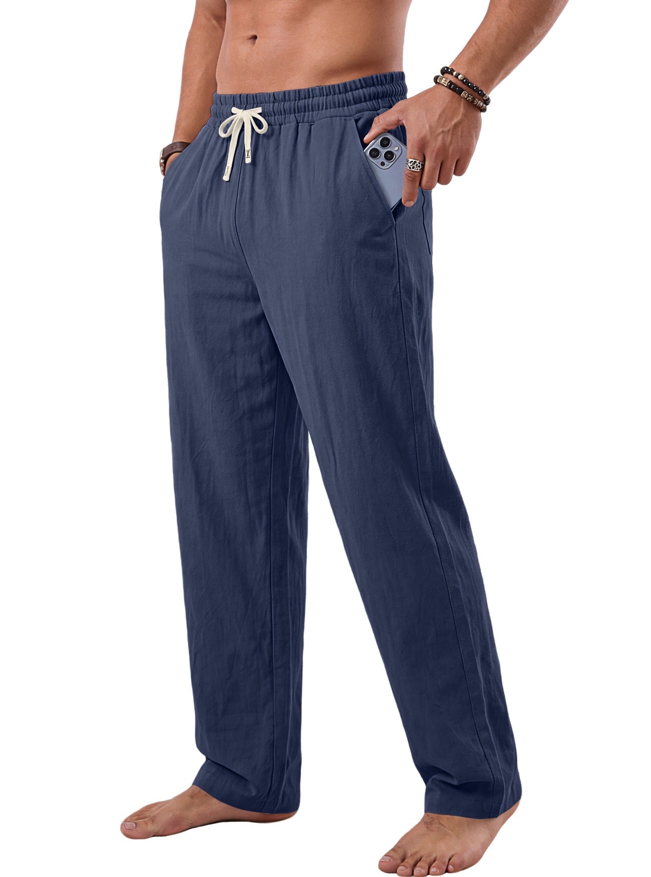 Men's American Style Washed Crinkled Linen Cotton Trousers, US Size, Summer Vacation Outdoor Beach Straight-Leg Pants For AliExpress