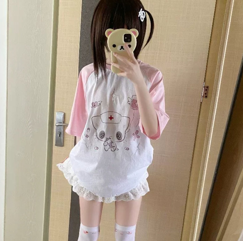 2D Kawaii Otaku-style Pure Cotton Patchwork Short-sleeve Top