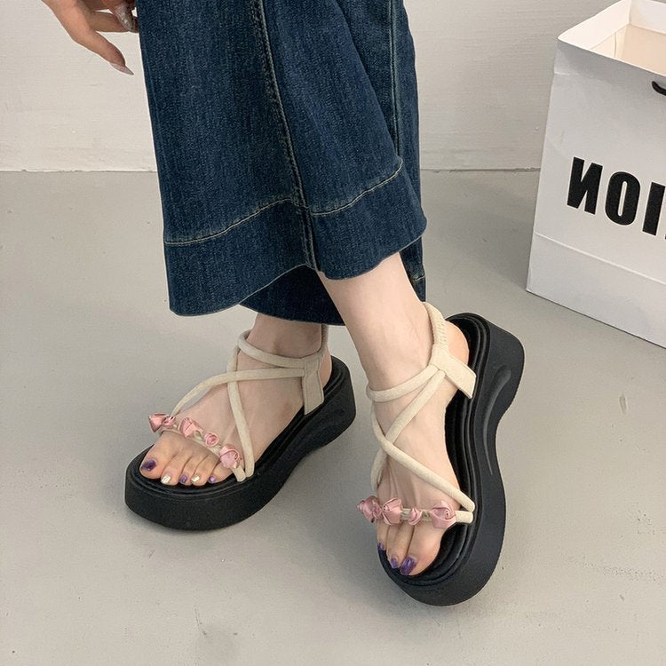 Platform Roman Sandals For Women, 2026 New Spring Summer French Style Floral Beach Shoes Matching Dresses