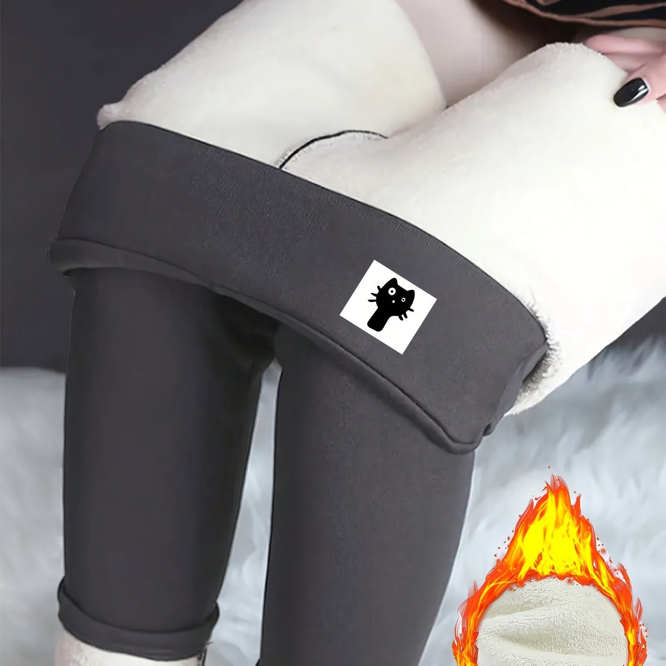Womens High-Waisted Embroidered Cat Fleece-Lined Leggings