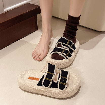 Women Platform Fuzzy Slides Plus Size New Belt Buckle Open Toe Autumn Winter Outdoor Fleece Lined Warm Slippers
