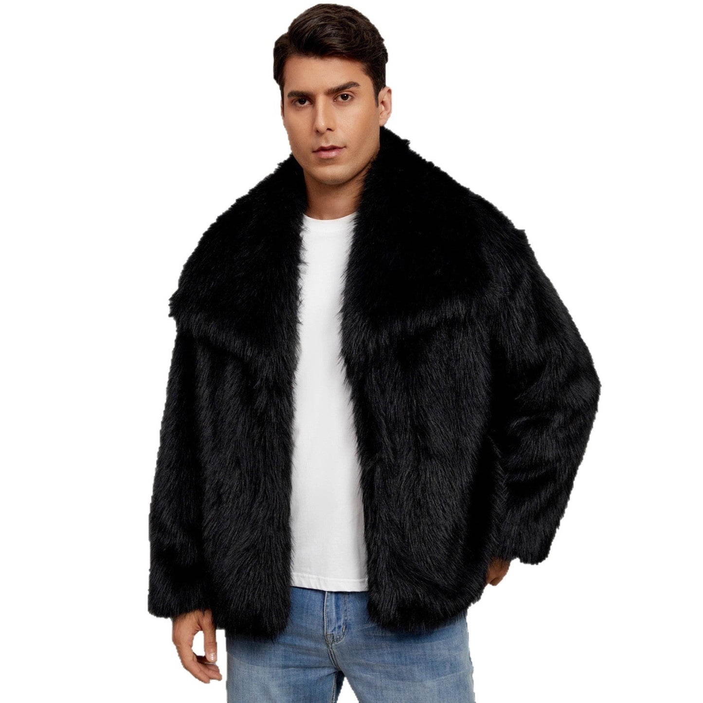 Mens Short Lapel-style Faux Fur Jacket Warm Outerwear