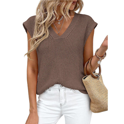 New Cross-Border European And American Women's Fashion Amazon Tk Hot-Selling Women's V-Neck Casual Top Short-Sleeve Chunky Knit Sweater