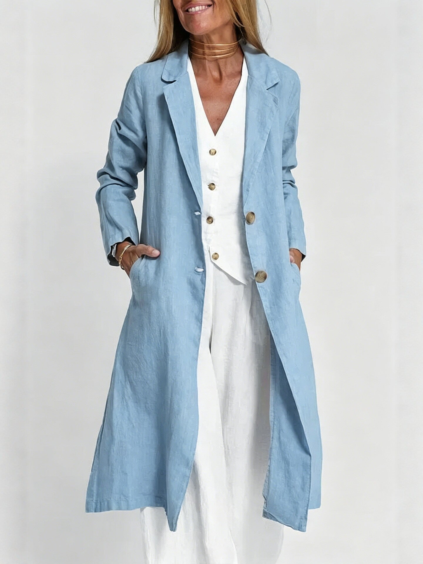 Long-sleeve Buttoned Cotton-linen Trench Coat With A Suit Collar