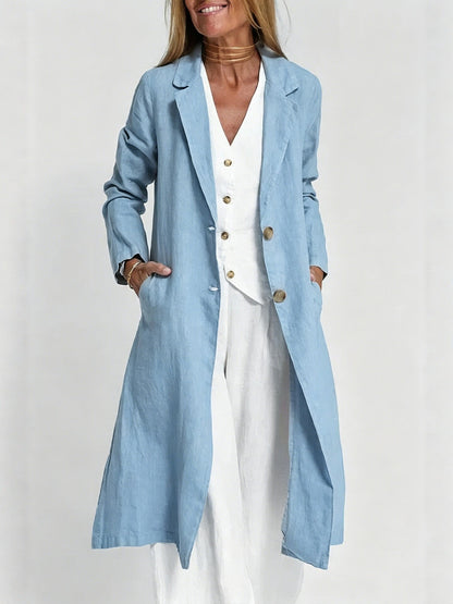 Long-sleeve Buttoned Cotton-linen Trench Coat With A Suit Collar