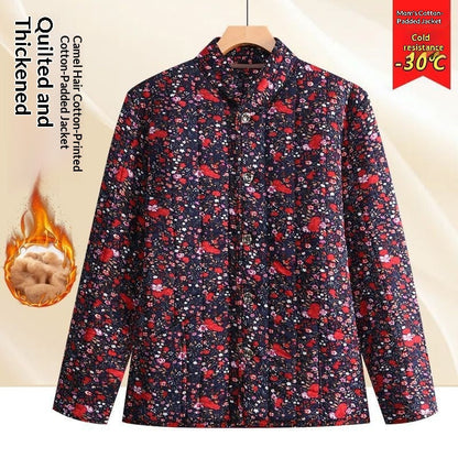 Middle Aged And Elderly Stand Collar Floral Cotton Padded Coat