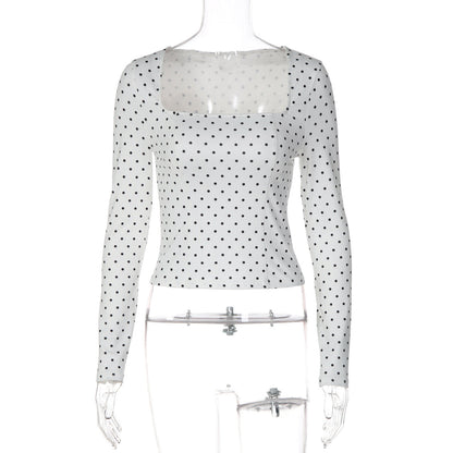 Polka-dot Square-neckline Waist-defined Long-sleeve Top For Women