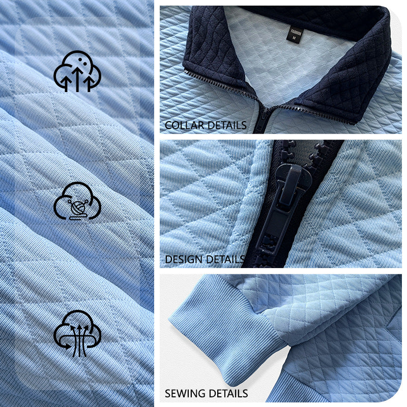 Mens Diamond-Check Half-Zip Stand-Collar Long-Sleeve Sweatshirt