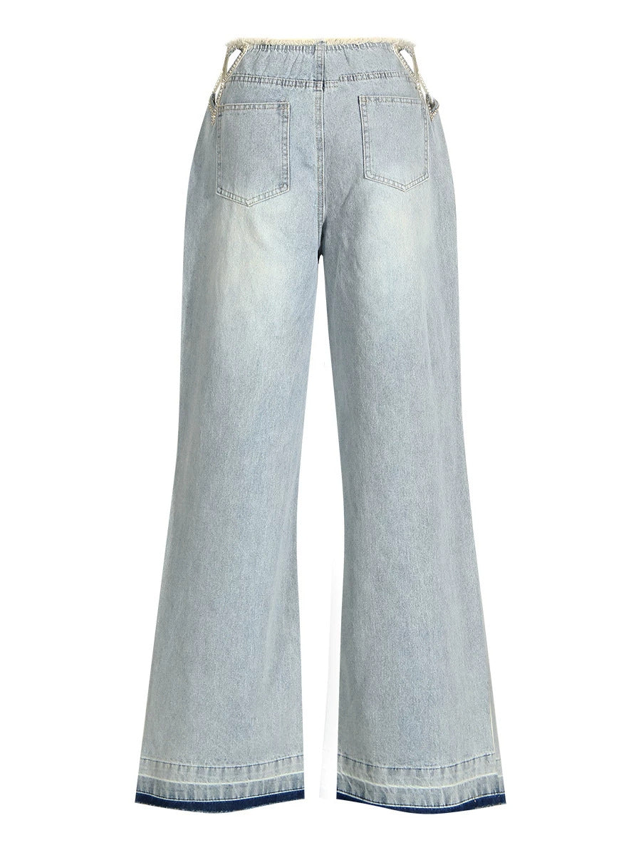 Light Washed Star Rhinestone Cutout Wide Leg Denim Jeans