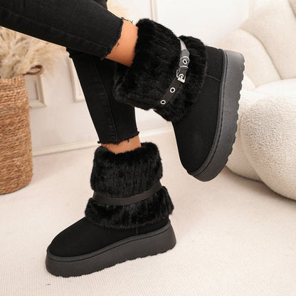 Women's Furry Strap Buckle Retro Warm Snow Boots, New 2025 Winter Platform Fleece Lined Thick Non-Slip Cotton Shoes