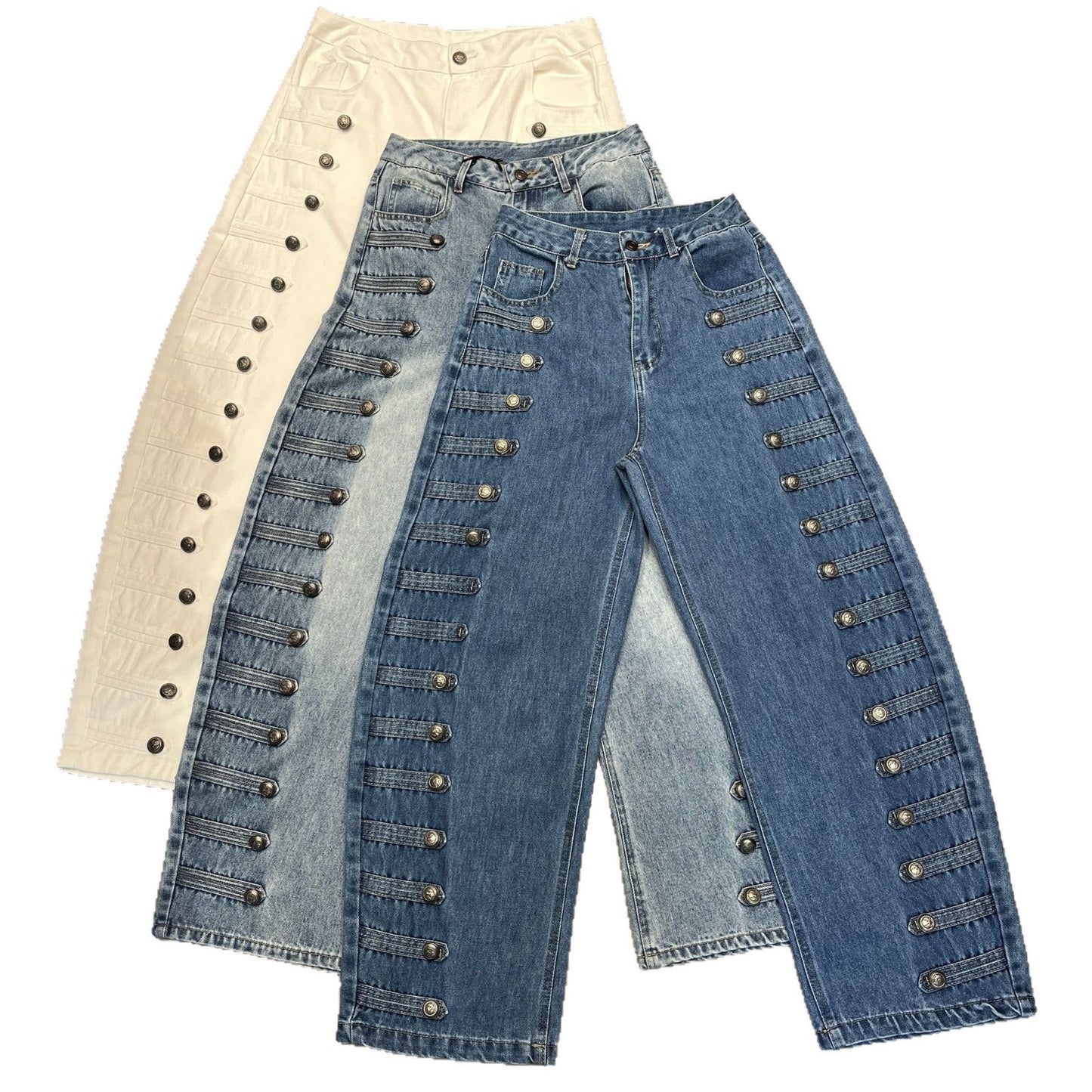 High-waisted Vintage Washed-blue Button-fly Straight-leg Jeans