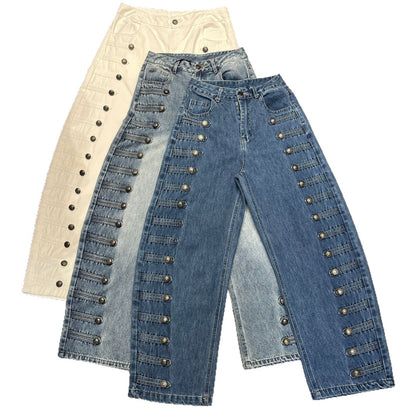 High-waisted Vintage Washed-blue Button-fly Straight-leg Jeans