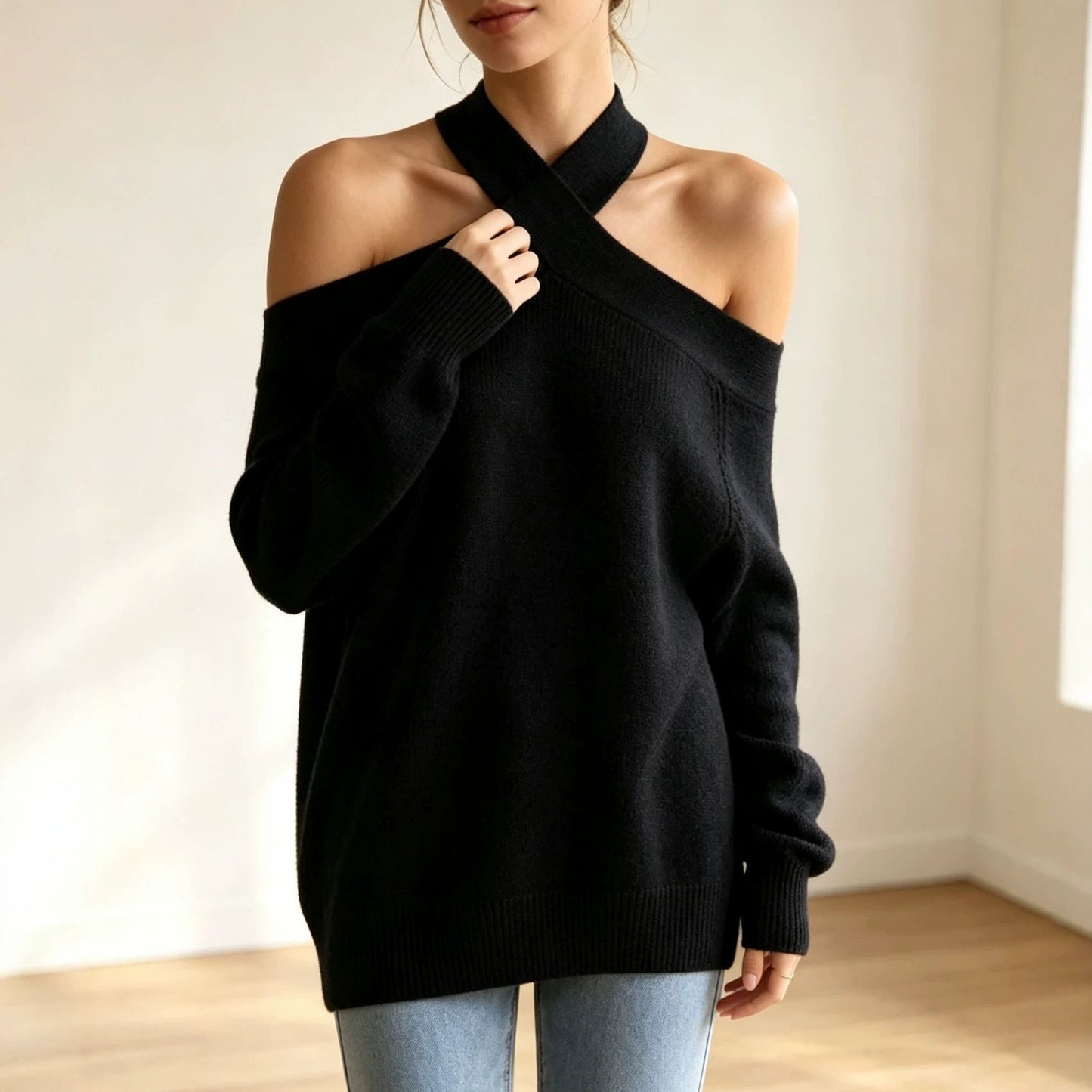 Halterneck Off-shoulder Knitted Pullover For Women