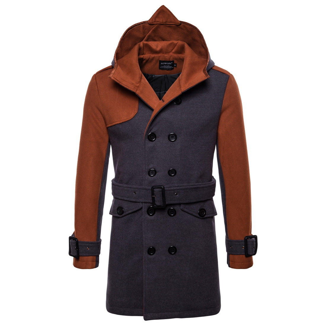 Double-breasted Hooded Belted Mid-length Wool Trench Coat