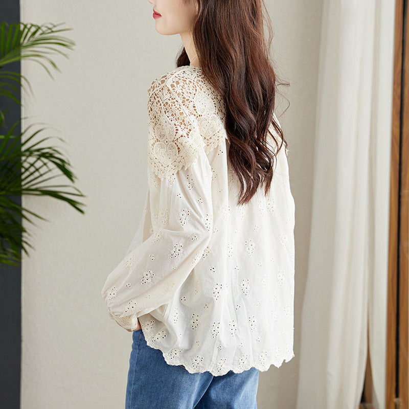 Apricot Lace Hollow-Out Blouse Womens Top
