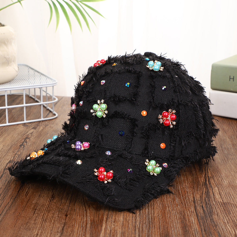 Korean-style Multi-color Fringed Checkered Baseball Cap With Rhinestones And Pearl Flowers, Casual Curved Brim Fedora Hat