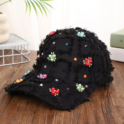 Korean-style Multi-color Fringed Checkered Baseball Cap With Rhinestones And Pearl Flowers, Casual Curved Brim Fedora Hat