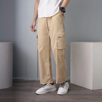 Coil Pants Cropped Pants Straight Trendy Fashion Casual Spring And Autumn Solid Color Casual Pants Men's Pocket Decorative Youth Popular