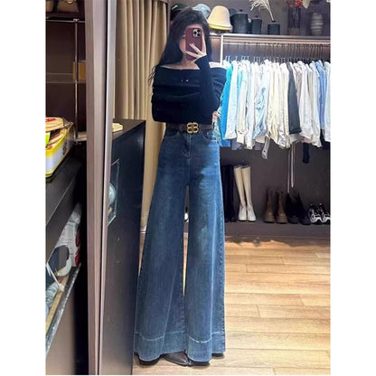 Stretchy Loose-fit Figure-flattering Draped Straight-leg High-waist Wide-leg Denim Jeans